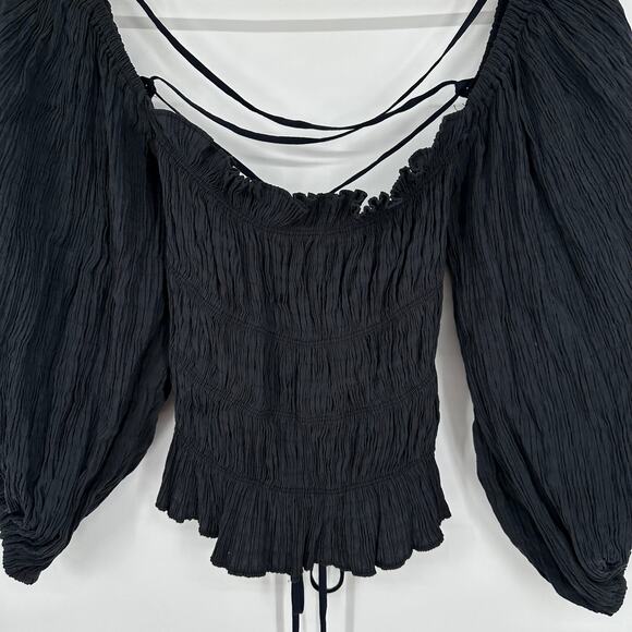 Urban Outfitters Vida Lace Up Smocked Top Ruffle Balloon Sleeve Backless Blouse - Picture 8 of 11